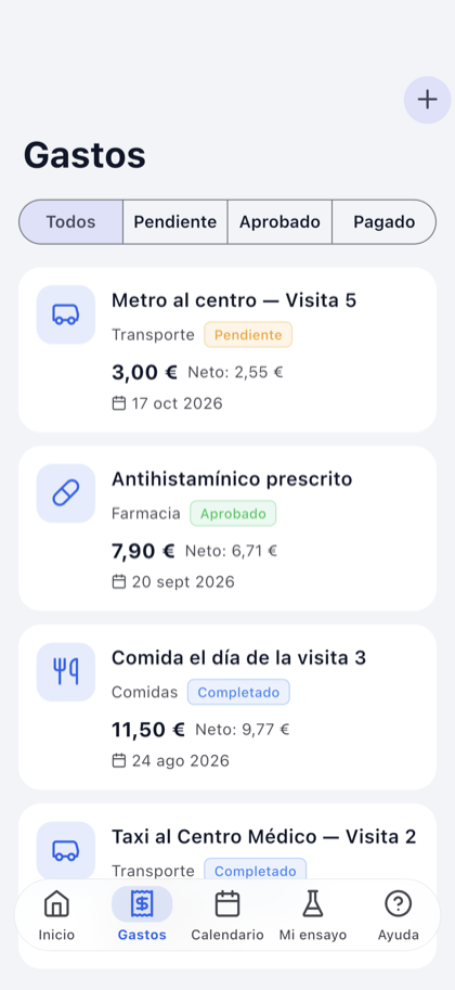 Lista de gastos en la app TrialCard